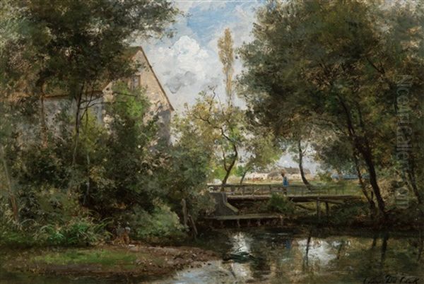 Riverscape With A Wanderer On A Bridge (1872) Oil Painting by Cesar De Cock