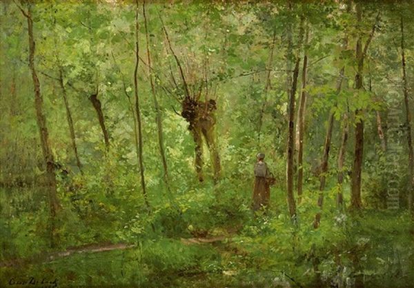 Ramasseuse De Champignons En Sous-bois Oil Painting by Cesar De Cock