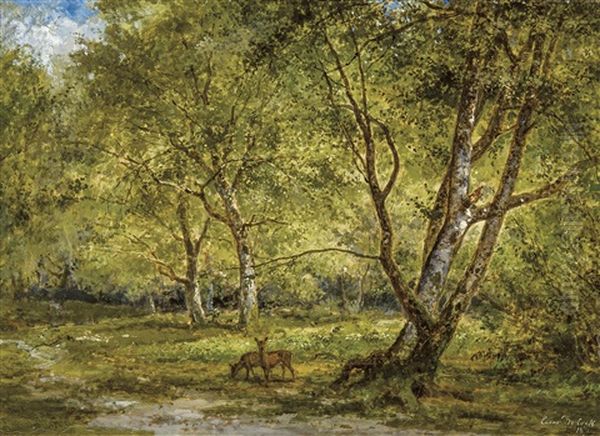 Vue De Foret Avec Chevreuils Oil Painting by Cesar De Cock