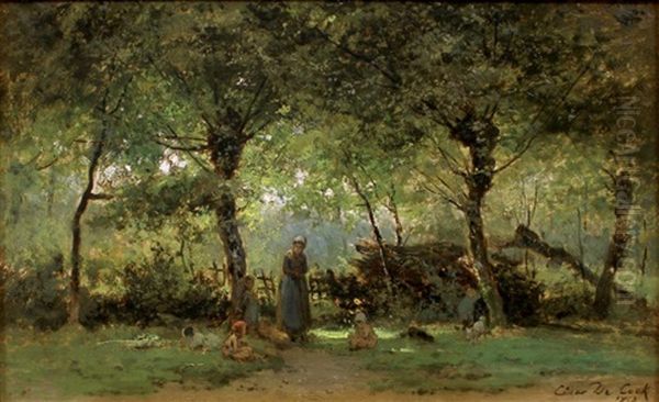 Mere Et Enfants Au Jardin Oil Painting by Cesar De Cock