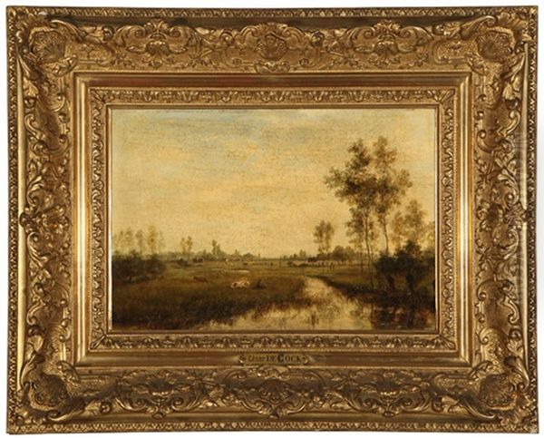 Cattle Resting In A Flemish River Landscape Oil Painting by Cesar De Cock