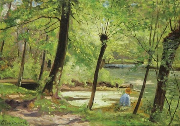 Sous-bois A Gasny-sur-epte Avec L'artiste Au Travail Oil Painting by Cesar De Cock