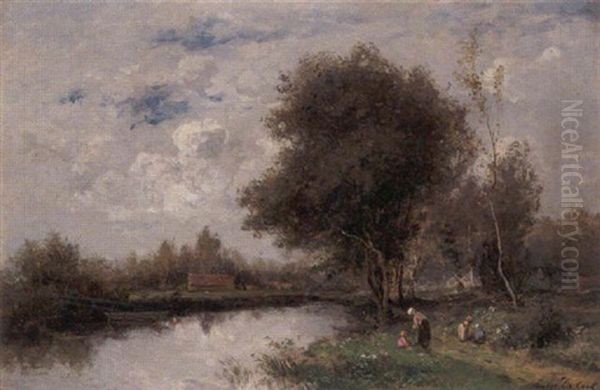 Picking Flowers Near The River Oil Painting by Cesar De Cock