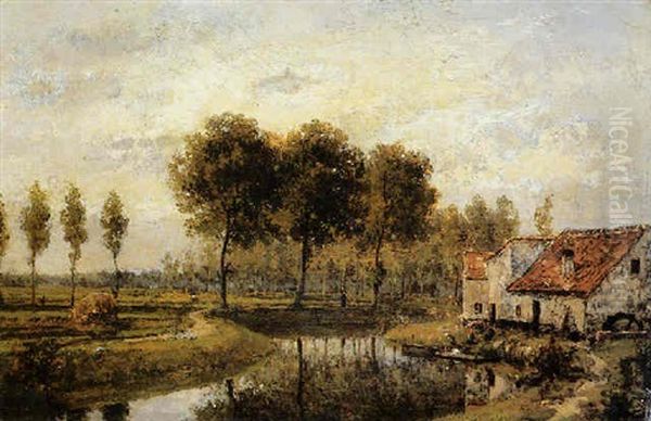 Les Lavandieres Pres Du Moulin Oil Painting by Cesar De Cock