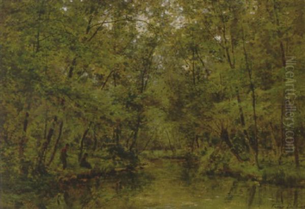 Fishing In A Forest Stream Oil Painting by Cesar De Cock