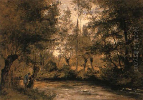 Anglers By A River Oil Painting by Cesar De Cock