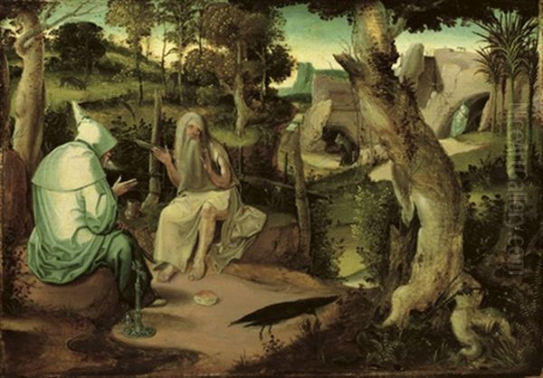 Saint Anthony The Great With Saint Paul The Hermit, In A Wooded Landscape Oil Painting by Jan Wellens de Cock