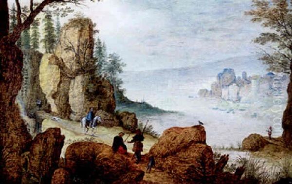 Personnages Dans Un Paysage Montagneux Oil Painting by Maerten De Cock