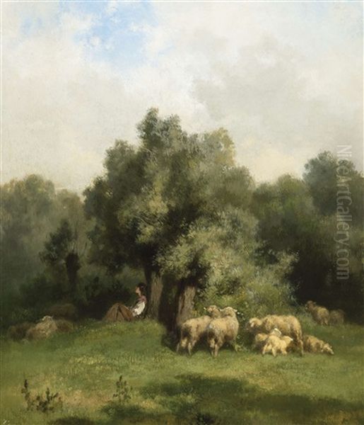 Shepherdess With Sheep (1854) Oil Painting by Xavier De Cock