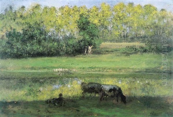 Leieoever Met Koeienhoeder Oil Painting by Xavier De Cock