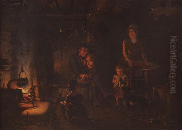 A Cottage Interior With A Family Oil Painting by Edwin Cockburn