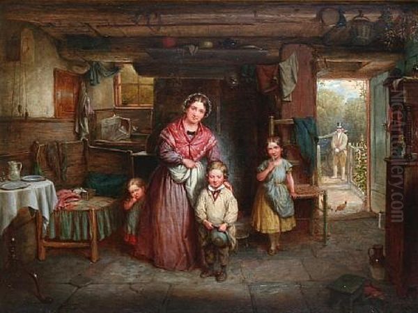 Leaving Home, A Cottage Interior With Mother And Children Oil Painting by Edwin Cockburn