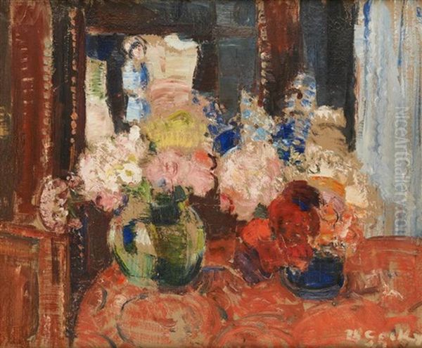 Fleurs Et Statuette Oil Painting by Philibert Cockx