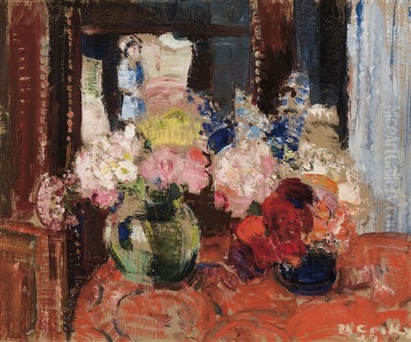 Fleurs Et Statuette Oil Painting by Philibert Cockx