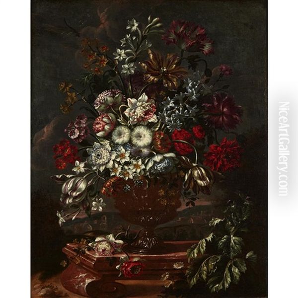 Still Life Of Mixed Flowers In An Urn, Landscape Beyond Oil Painting by Jean George Christian Coclers