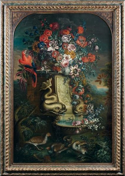 Fontaine, Fleurs Et Oiseaux Oil Painting by Jean George Christian Coclers