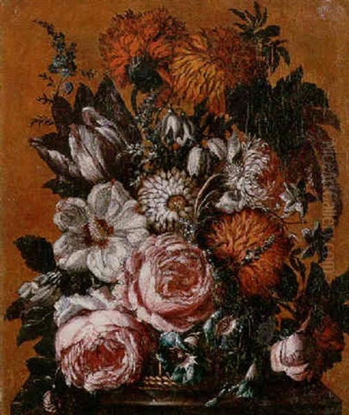 Still Life Of Roses, Chrysanthemums, Tulips, Morning Glory, Narcissi And Other Flowers In A Wicker Basket On A Stone Plinth Oil Painting by Jean George Christian Coclers