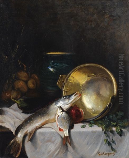 Nature Morte Aux Poissons, Chaudron Et Legumes Oil Painting by Jules Jacques Olivier de Cocquerel