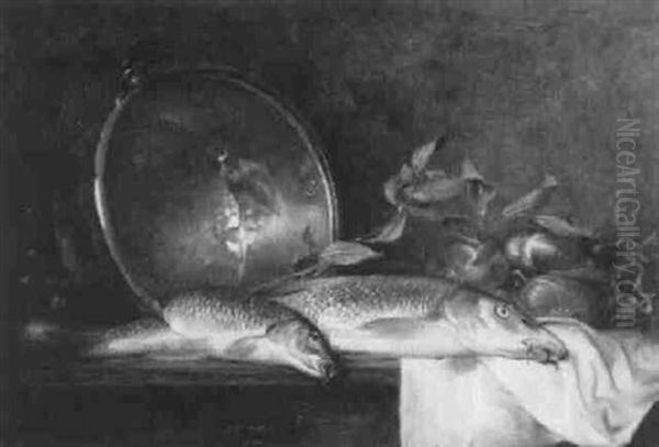 Fischstilleben Mit Zwiebeln Und Kupferkessel Oil Painting by Jules Jacques Olivier de Cocquerel