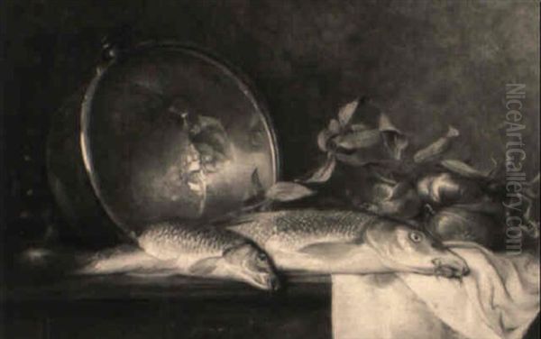 Kuchenstilleben Mit Fischen, Zwiebeln Und Henkeltopf by Jules Jacques Olivier de Cocquerel