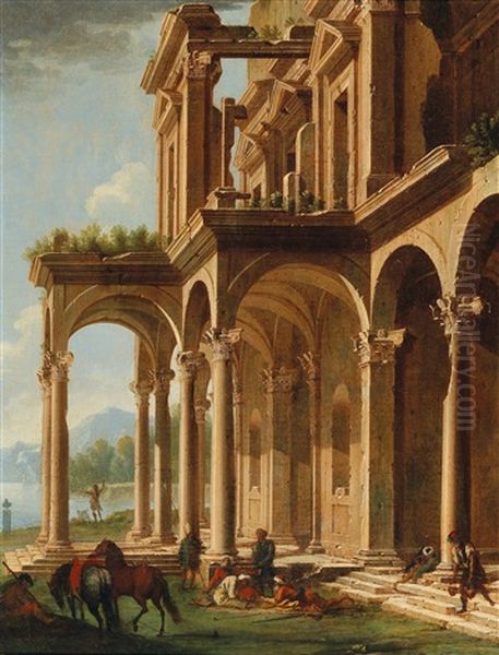 Figures By A Ruined Palace Portico Oil Painting by Niccolo Codazzi