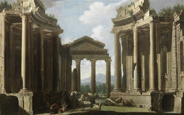 An Architectural Capriccio With Figures And A Horse Beside A Campfire Oil Painting by Niccolo Codazzi