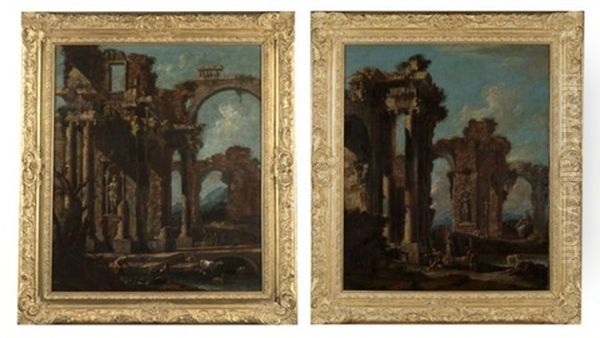 Architectural Capriccio With Figures In Ruins (pair) Oil Painting by Niccolo Codazzi