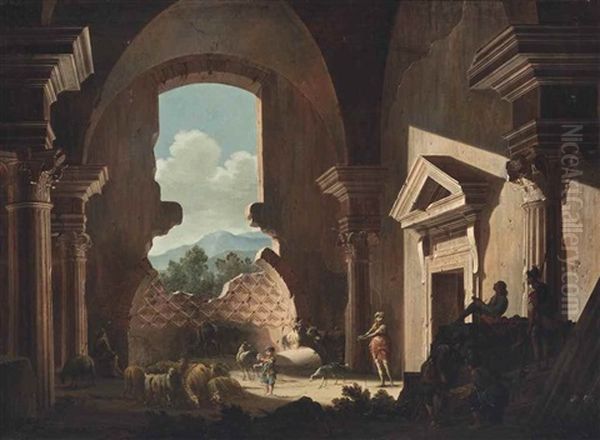 Shepherds And Their Flock, Soldiers And A Draughtsman Inside Ancient Ruins Oil Painting by Niccolo Codazzi