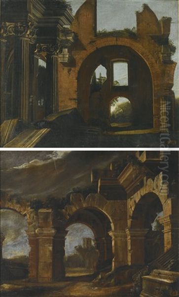 An Architectural Capriccio Of Ruined Arches In An Italianate Landscape, A Tower Beyond; And An Architectural Capriccio With An Ionic Portico And A Ruined Basilica Beyond Oil Painting by Niccolo Codazzi