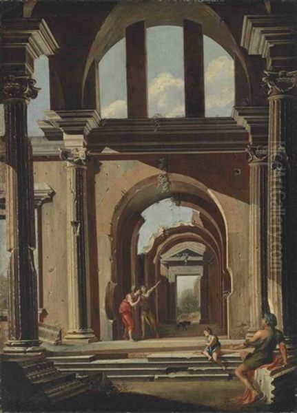 An Architectural Capriccio With Figures Beneath An Arch Oil Painting by Niccolo Codazzi