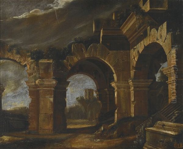 An Architectural Capriccio Of Ruined Arches In An Italianate Landscape, A Tower Beyond; And An Architectural Capriccio With An Ionic Portico And A Ruined Basilica Beyond Oil Painting by Niccolo Codazzi