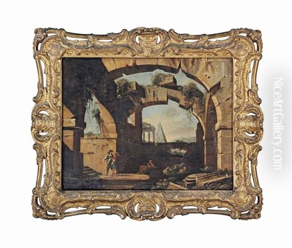 An Architectural Capriccio With Figures Beneath A Ruined Arch Oil Painting by Niccolo Codazzi