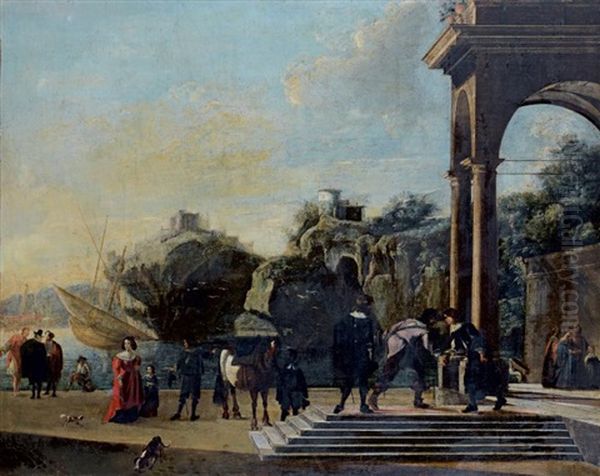 Portique D'un Palais Classique Sur Un Rivage Rocheux Anime De Nombreux Personnages by Niccolo Codazzi