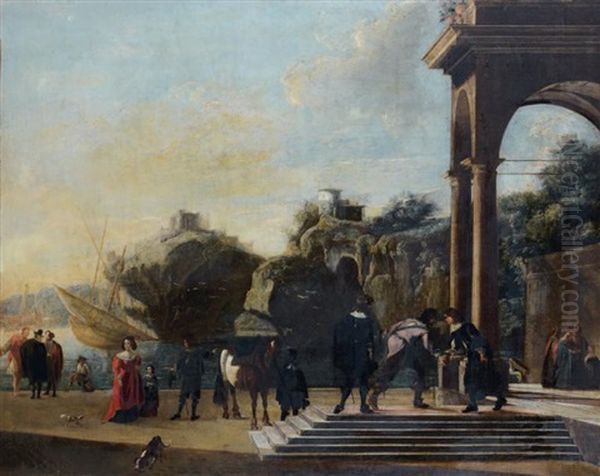 Portique D'un Palais Classique Sur Un Rivage Rocheux Anime De Nombreux Personnages Oil Painting by Niccolo Codazzi