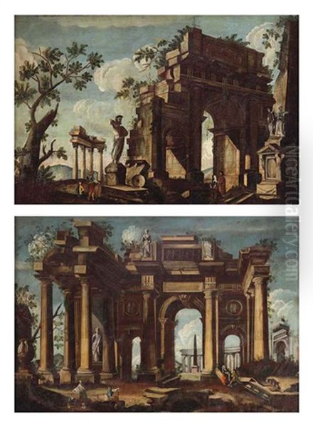 A Capriccio Of A Classical Ruin With Figures (+ A Capriccio With Figures Admiring A Sculpture Near A Classical Arch; Pair) Oil Painting by Niccolo Codazzi