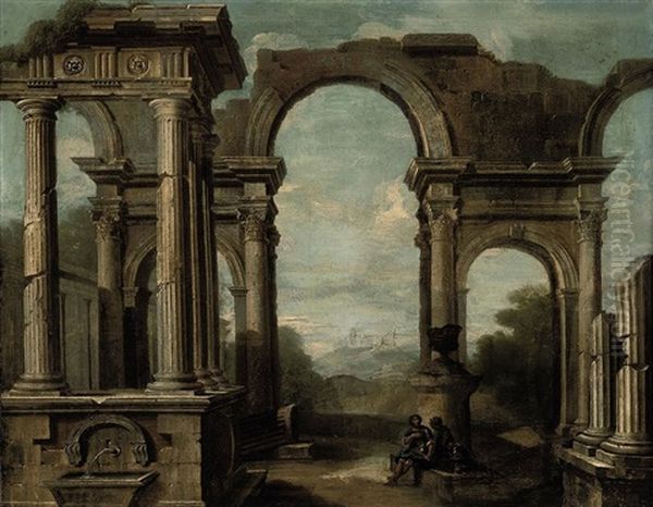 An Architectural Capriccio With Figures Beneath An Arch Oil Painting by Niccolo Codazzi