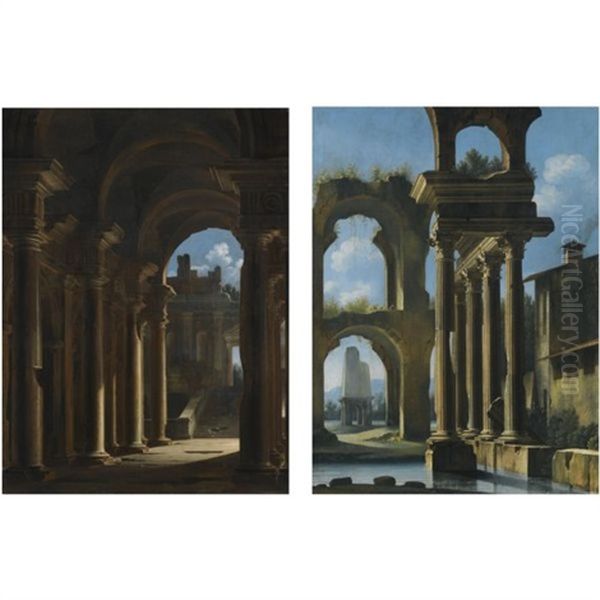 A Capriccio Of The Inside Of A Temple With Ruins Beyond (+ A Lacustrine Landscape With Classical Ruins; Pair) Oil Painting by Niccolo Codazzi