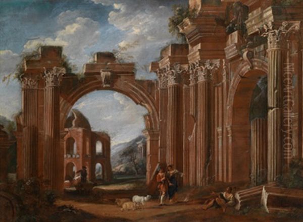 Ein Architekturcapriccio Mit Rastenden Hirten (collab. W/theodor Helmbreker, Called Teodoro Fiammingo) Oil Painting by Niccolo Codazzi