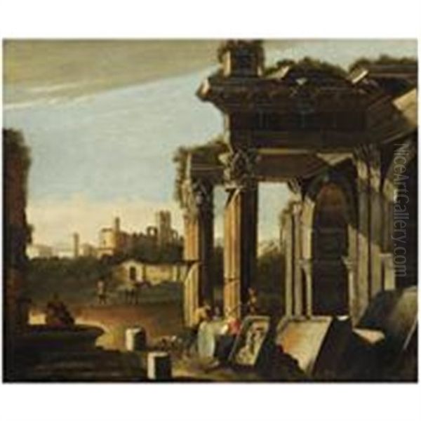 A Capriccio Of Classical Ruins With Peasants Resting Oil Painting by Niccolo Codazzi