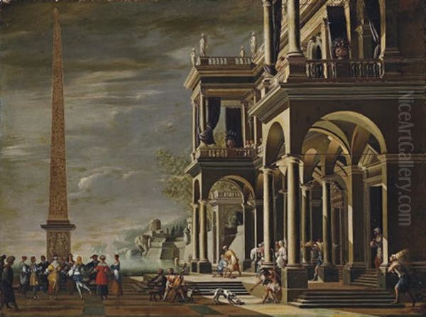 A Capriccio Of A Classical Palazzo On A Coast With Elegant Company Dancing By An Obelisk Oil Painting by Niccolo Codazzi