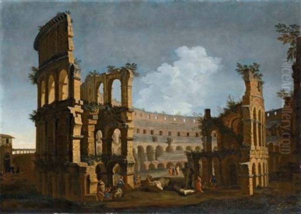 Veduta Del Colosseo Con Astanti Che Misurano Sculture Oil Painting by Niccolo Codazzi