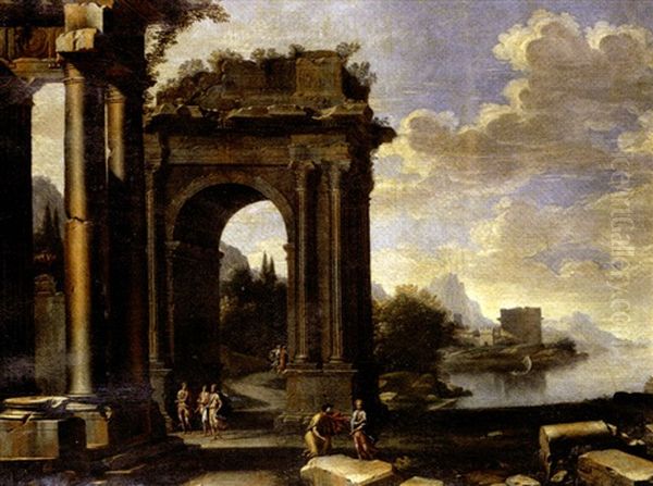 A Capriccio Of Classical Ruins With Figures On The Seashore Oil Painting by Niccolo Codazzi