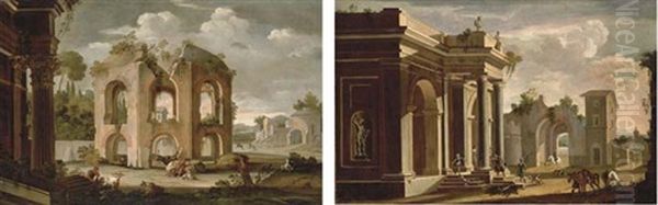 A Capriccio Of Classical Ruins With Herdsmen Resting Near The Temple Of Minerva Medica (+ A Capriccio Of A Palace Portico In The Doric Order With Huntsmen; Pair) Oil Painting by Niccolo Codazzi