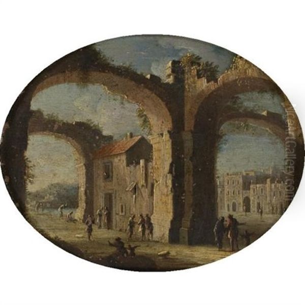 Architectual Capriccio With Figures Under Arches Oil Painting by Niccolo Codazzi