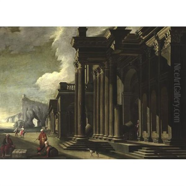 View Of A Port With Figures And Classical Architecture Oil Painting by Niccolo Codazzi