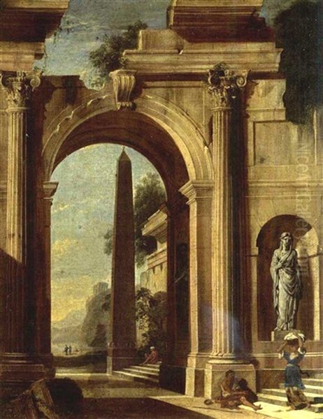 An Architectural Capriccio Of A Classical Building With An Obelisk, With A Beggar And A Washerwoman On The Stairs And A View Of A Temple Beyond Oil Painting by Niccolo Codazzi