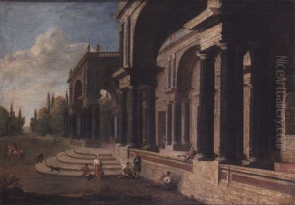 An Architectural Capriccio With Figures, A Tree-lined Avenue Beyond Oil Painting by Niccolo Codazzi