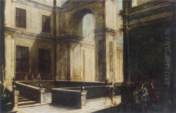 Elegant Figures In An Architectural Courtyard Oil Painting by Niccolo Codazzi