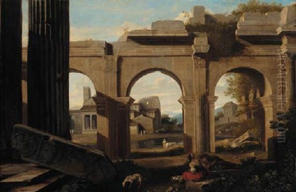 A Capriccio Of Roman Ruins With Figures By A Lake Oil Painting by Niccolo Codazzi