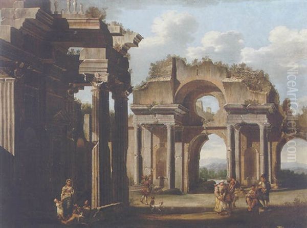 An Architectural Capriccio Of Ruins With A Family Resting Before A Portico, Other Figures Playing Music And Dancing, And A Sportsman Shooting Oil Painting by Niccolo Codazzi